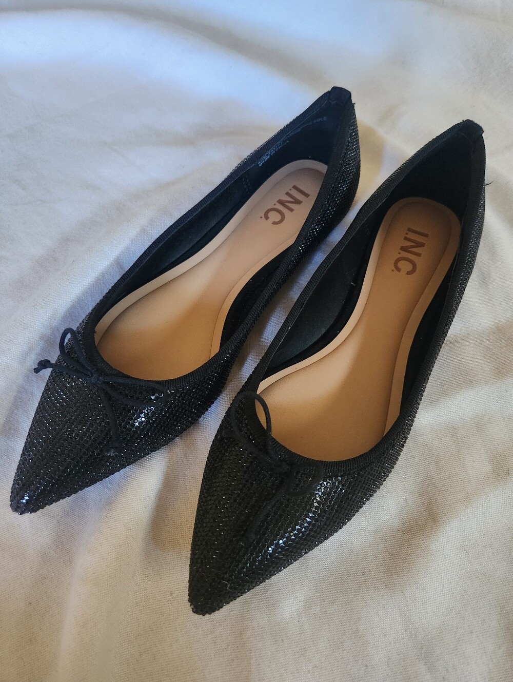 INC Black Rhinestone Mesh Pointed Toe Flats Bow Detail Size 6.5M